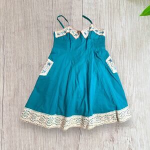 DejaVu Teal Mini Dress with Floral Embroidery and Lace Adjustable Straps Size M